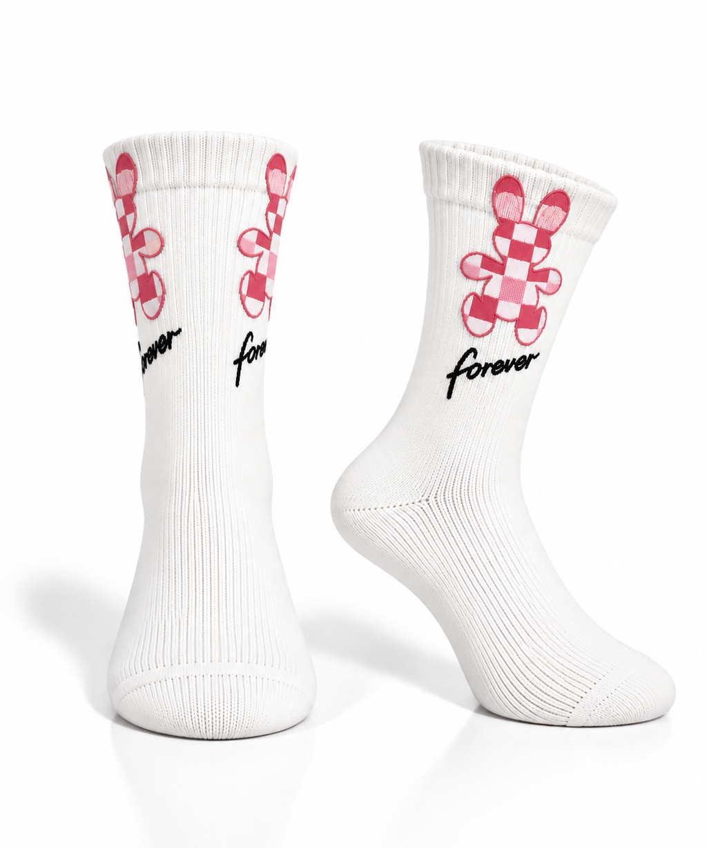 White Cotton Socks with Checkered Bunny Design