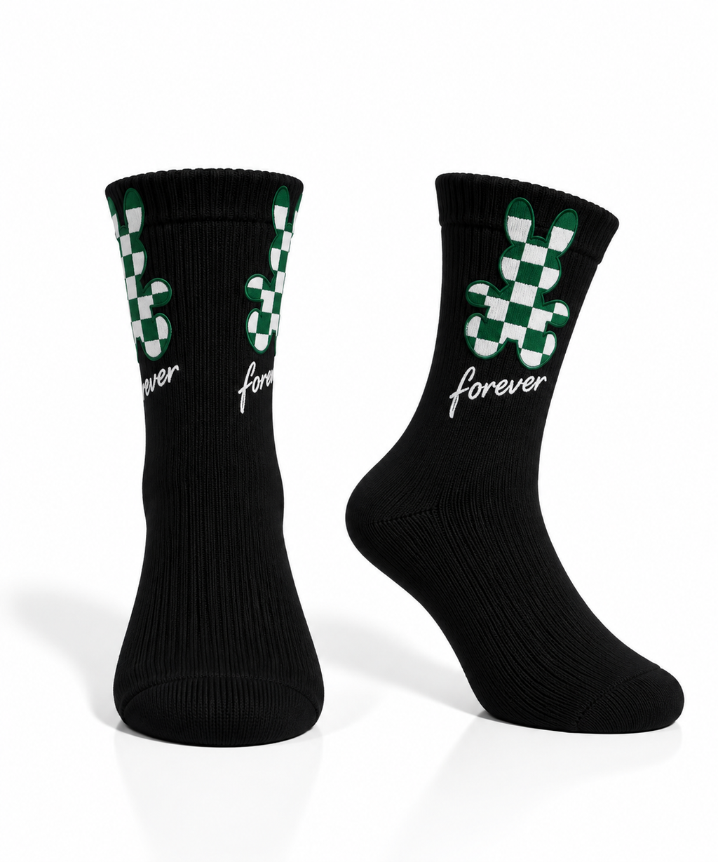Black Cotton Socks with Checkered Bunny Design
