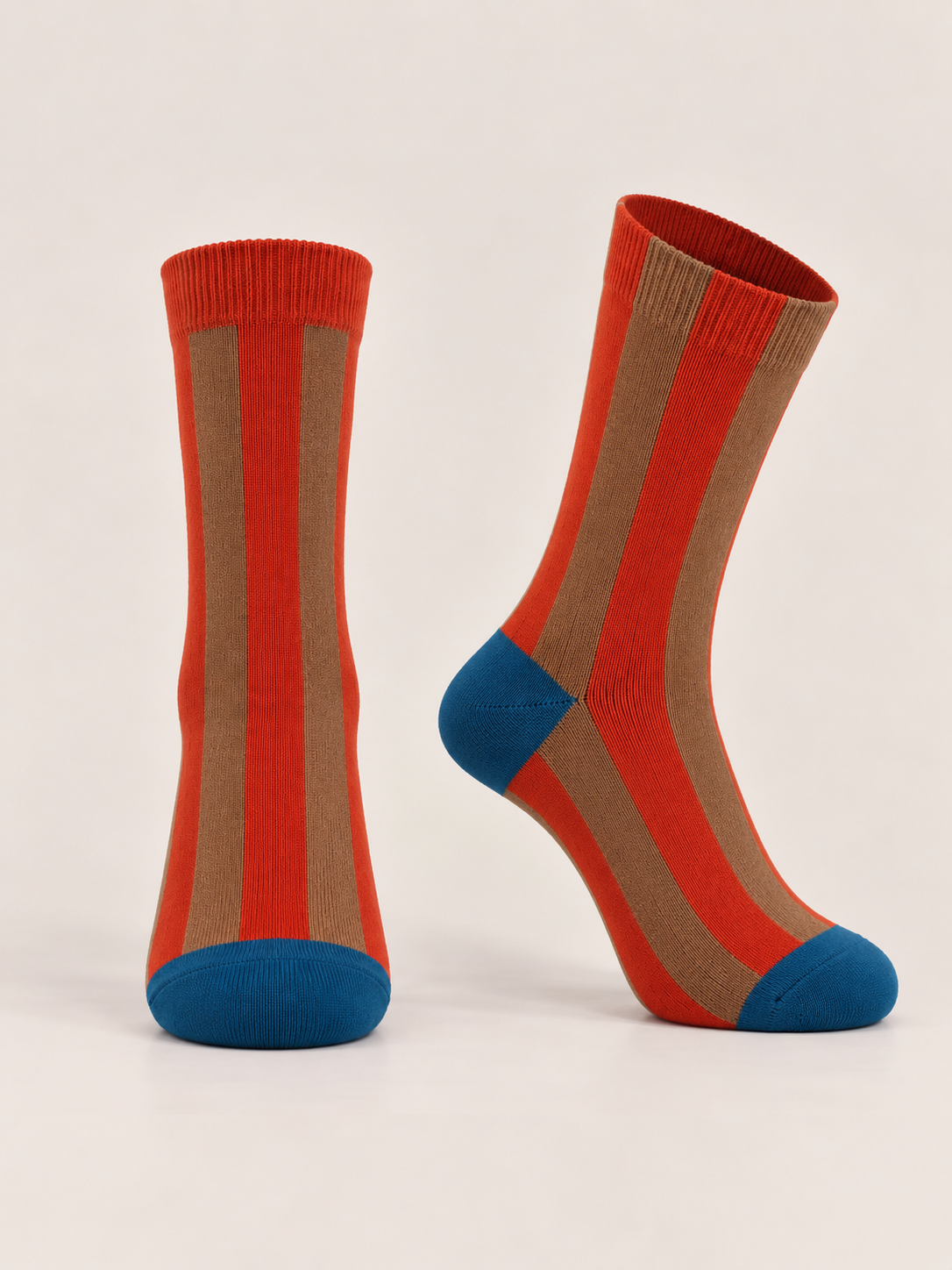 Orange & Brown Striped Cotton Socks with Blue Accents
