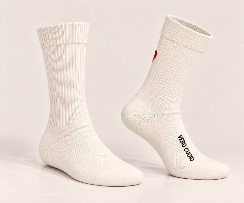 Ivory ribbed socks with red heart detail