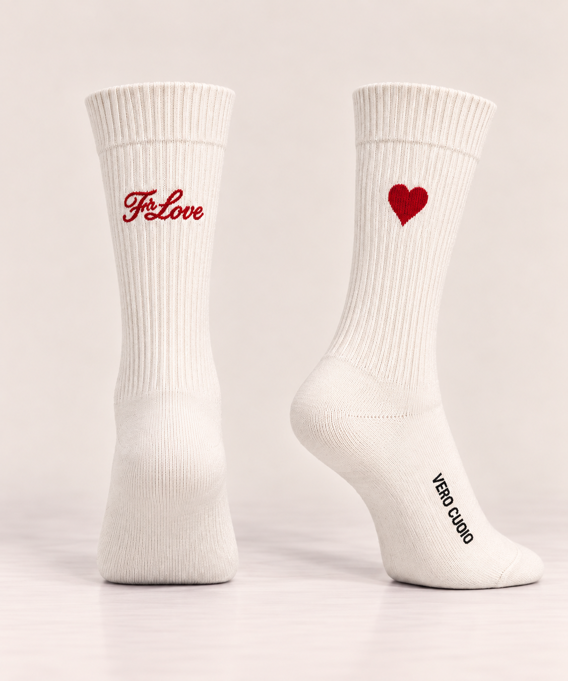 Ivory ribbed socks with red heart detail