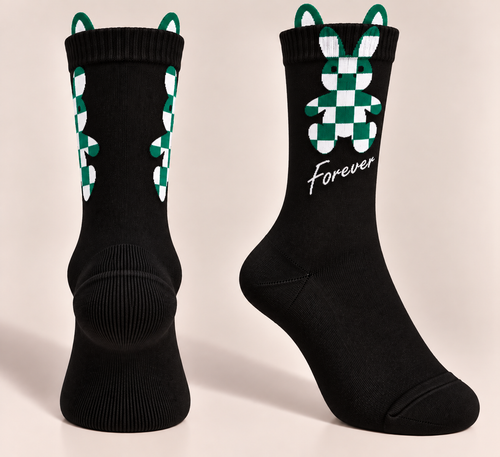 Black Cotton Socks with Checkered Bunny Design