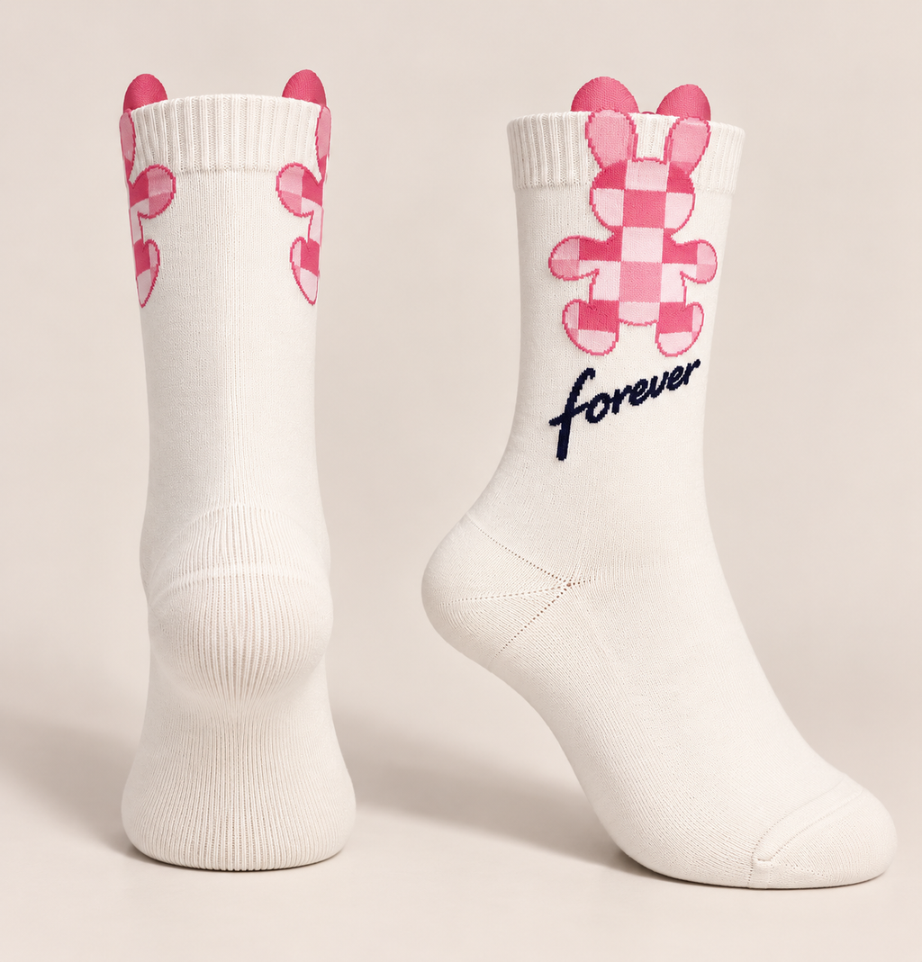 White Cotton Socks with Checkered Bunny Design