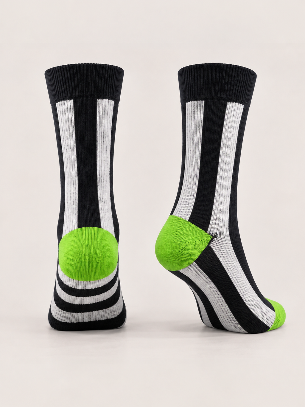 Black & White Striped Cotton Socks with Green Accents