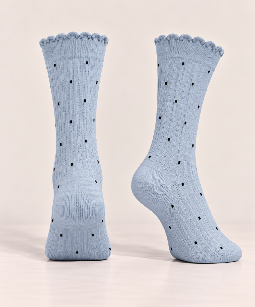 Light blue cotton socks with black dots