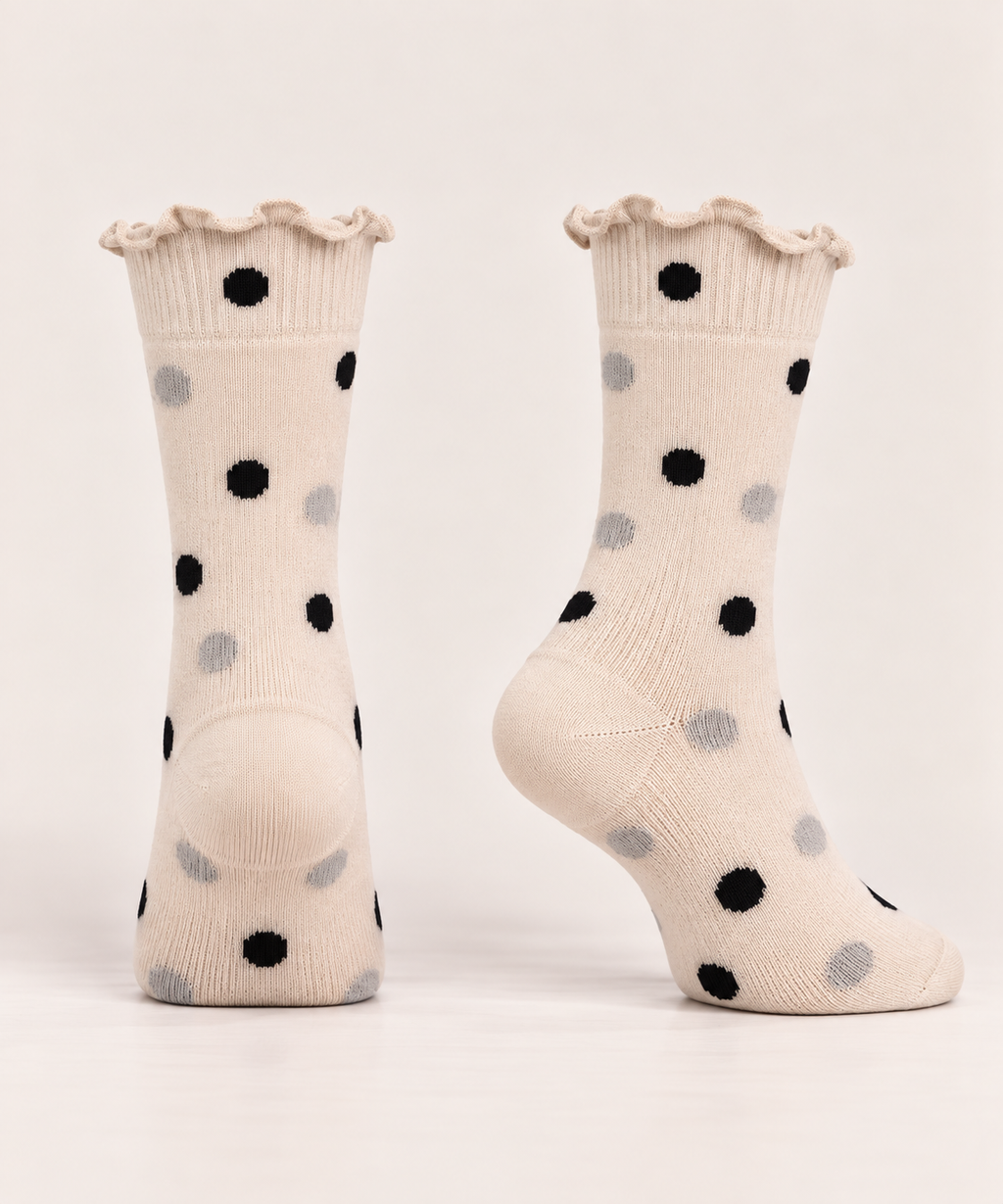 Light beige cotton socks with black and grey dots